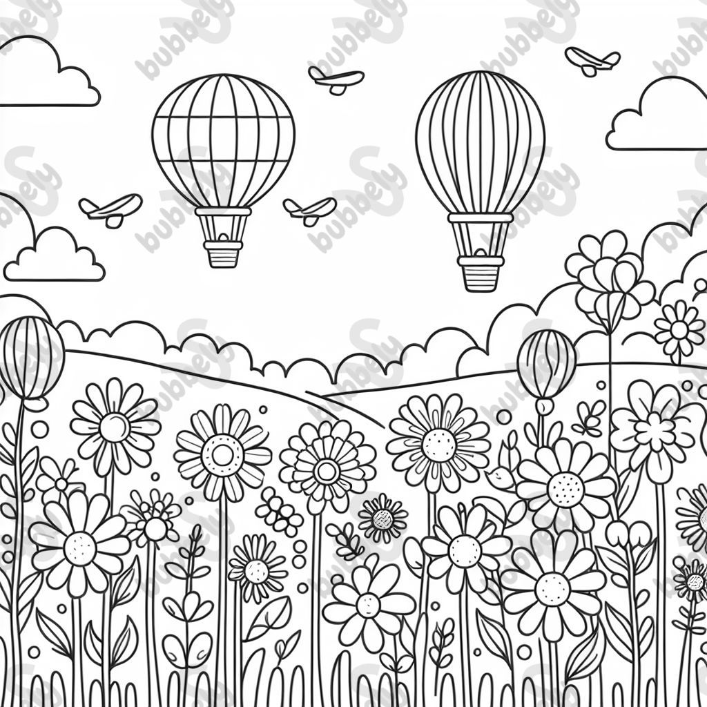 Prado de flores con globos aerostáticos Prado de flores con globos aerostáticos