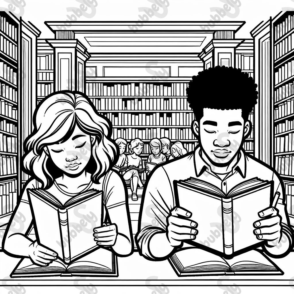 A woman with shoulder length hair reading a book, sitting next to a man who is read book as well in front of huge library bookshelves full of books A woman with shoulder length hair reading a book, sitting next to a man who is read book as well in front of huge library bookshelves full of books