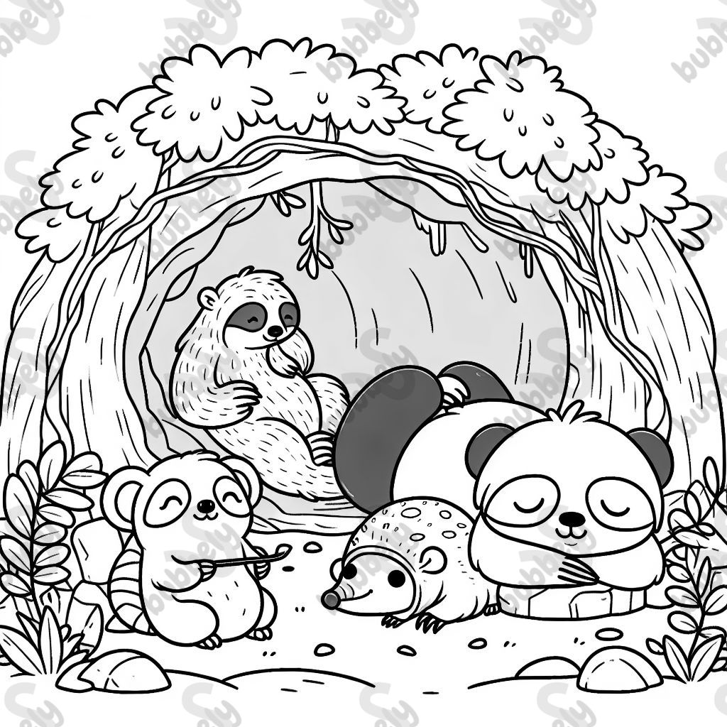 A sloth and a panda bear and a dormouse and an armadillo sleeping in a cave A sloth and a panda bear and a dormouse and an armadillo sleeping in a cave
