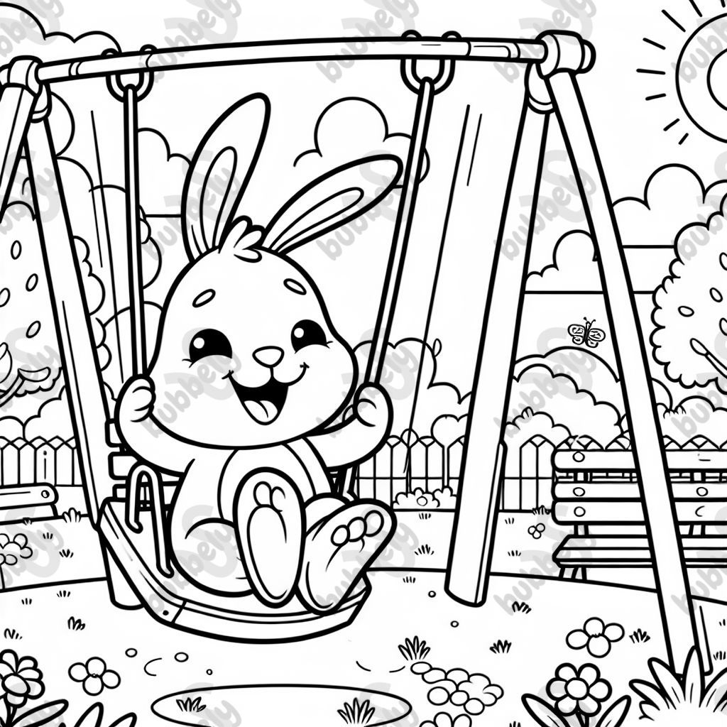 A bunny swinging on a playground