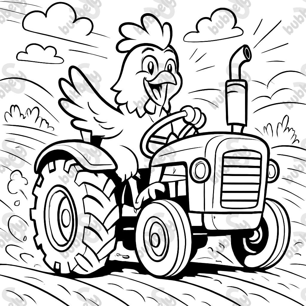 Un pollo en un tractor en el campo Un pollo en un tractor en el campo