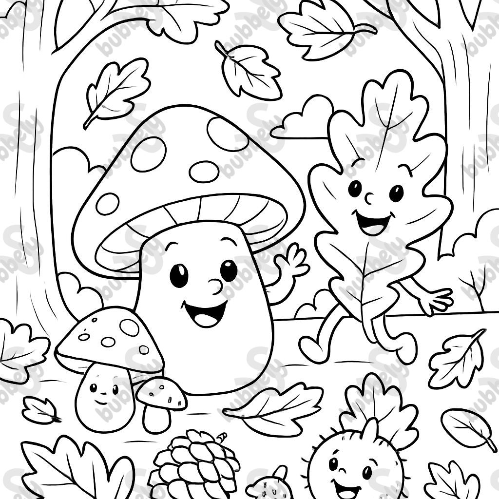 Bosque de otoño, con setas, hojas, piñas, castañas Bosque de otoño, con setas, hojas, piñas, castañas