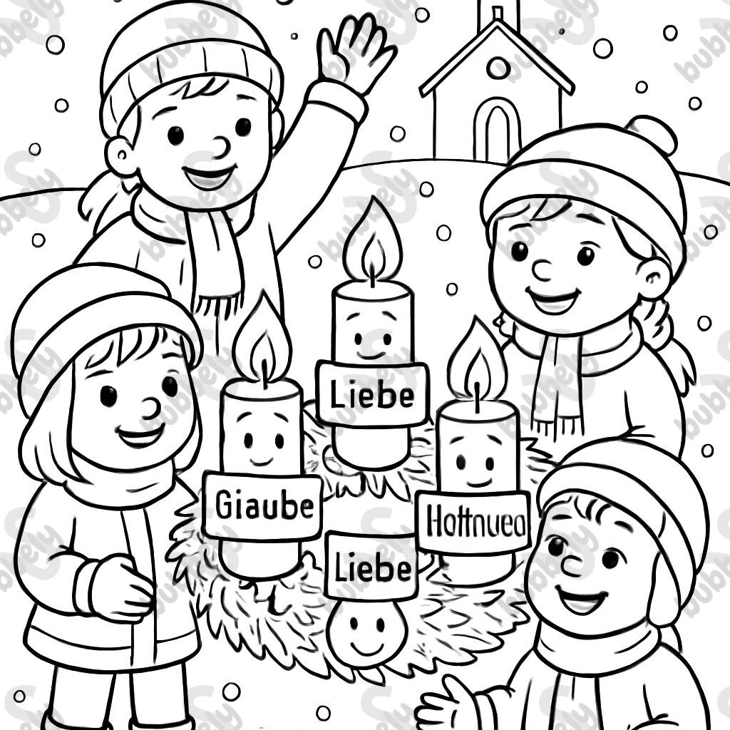 Ausmalbild: In der Mitte: Ein runder Adventskranz mit vier Kerzen. Jede Kerze hat ein freundliches Gesicht und ein kleines Schild mit ihrem Namen: Mut, Glaube, Liebe, Hoffnung Um den Kranz herum stehen vier Kinder (zwei Mädchen, zwei Jungen) in Winterkleidung. Im Hintergrund: Eine kleine Kirche mit einem Stern über dem Dach und Schneeflocken, die vom Himmel fallen. Ausmalbild: In der Mitte: Ein runder Adventskranz mit vier Kerzen. Jede Kerze hat ein freundliches Gesicht und ein kleines Schild mit ihrem Namen: Mut, Glaube, Liebe, Hoffnung Um den Kranz herum stehen vier Kinder (zwei Mädchen, zwei Jungen) in Winterkleidung. Im Hintergrund: Eine kleine Kirche mit einem Stern über dem Dach und Schneeflocken, die vom Himmel fallen.