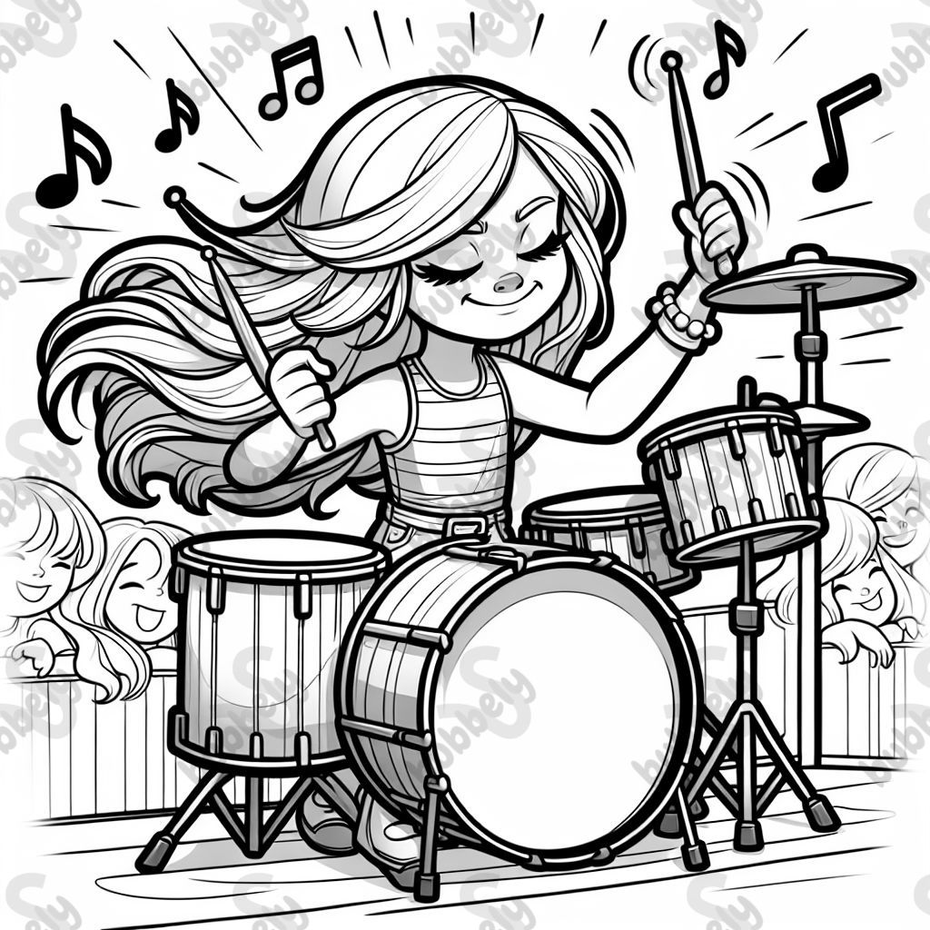 Neunjähriges blondes mädchen mit langen haaren spielt schlagzeug Neunjähriges blondes mädchen mit langen haaren spielt schlagzeug