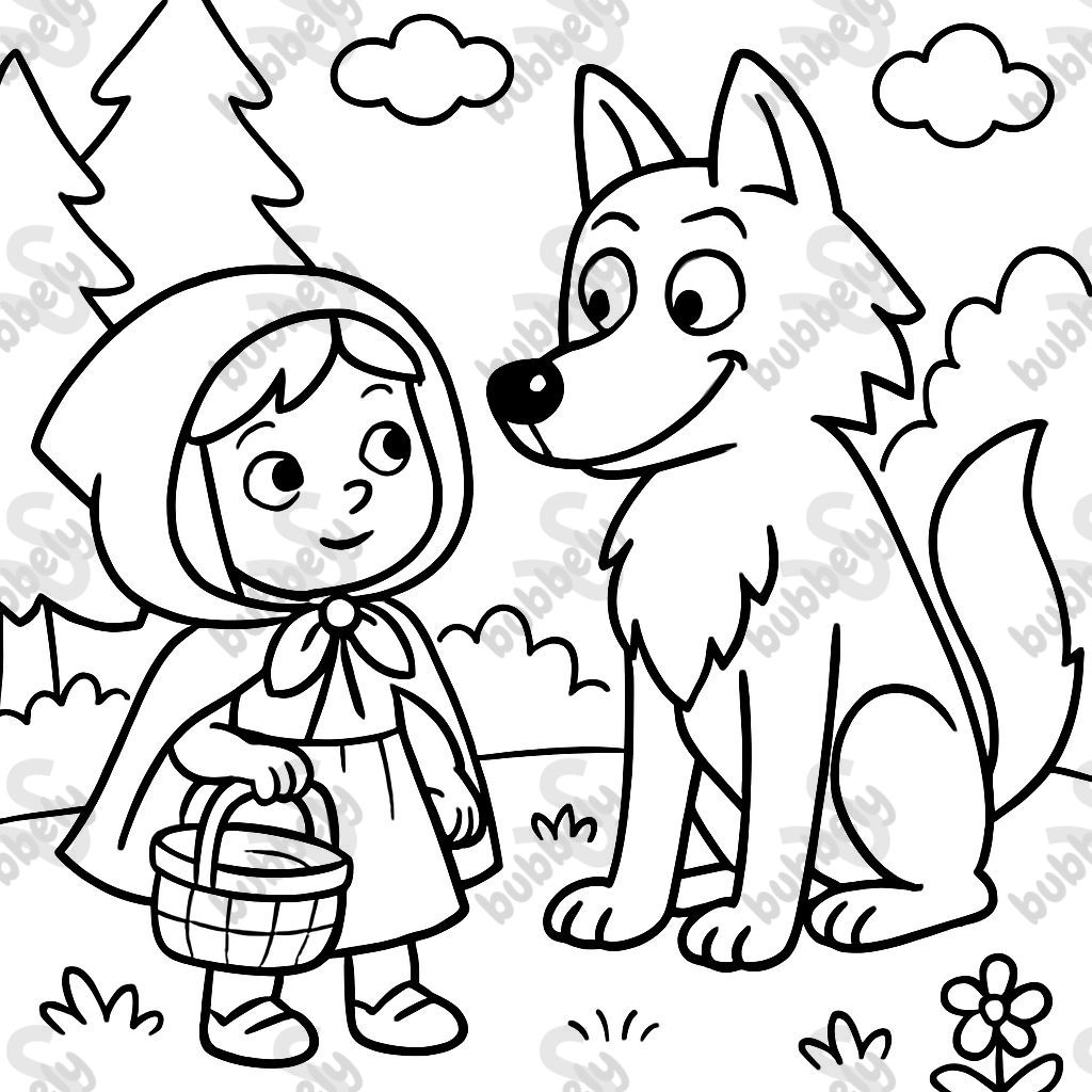 Caperucita roja con el gran lobo malo mirándola. Caperucita roja con el gran lobo malo mirándola.