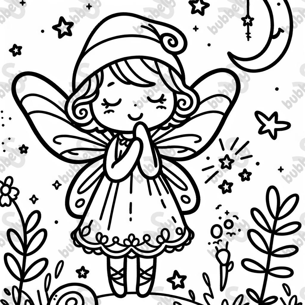 Good Night Fairy - a colorful coloring page featuring a beautiful fairy sending good night wishes to all children. Good Night Fairy - a colorful coloring page featuring a beautiful fairy sending good night wishes to all children.