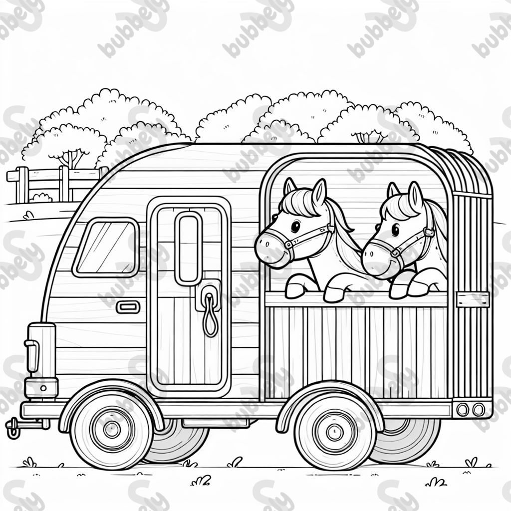 Animal transport trailer with two horses in the back. Drawing only lines with a white background to color. Childish. Animal transport trailer with two horses in the back. Drawing only lines with a white background to color. Childish.
