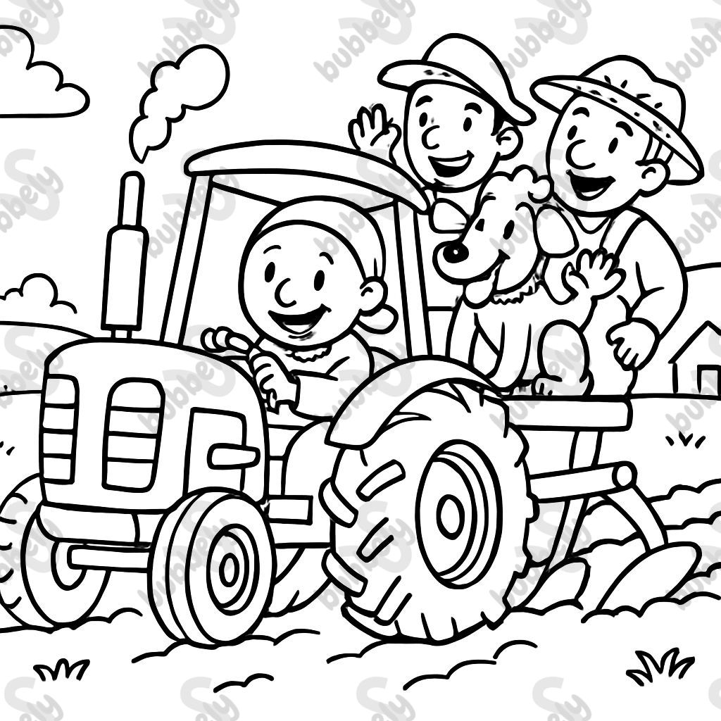 a farmer woman (small, no hair), two farmers and a dog in a tractor with a plow a farmer woman (small, no hair), two farmers and a dog in a tractor with a plow