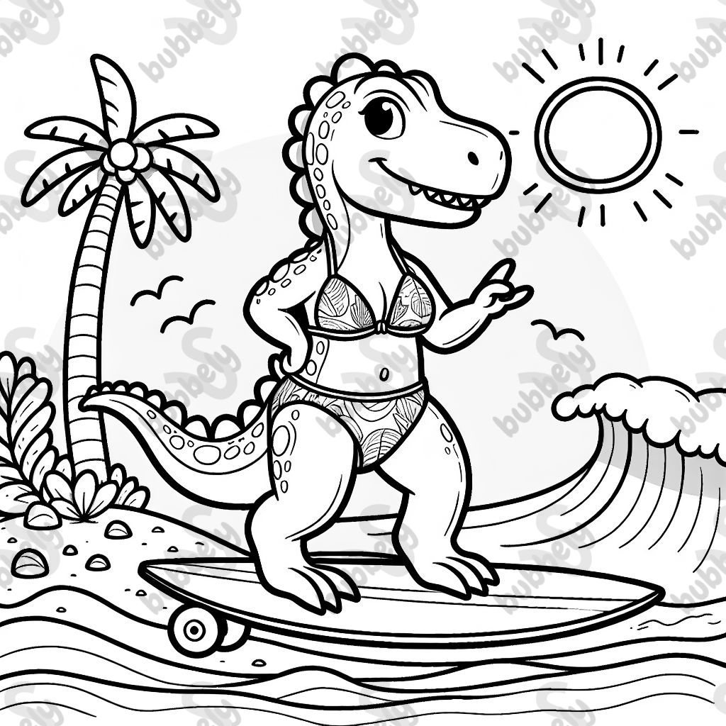 Dinosaurio en bikini sobre una tabla de surf Dinosaurio en bikini sobre una tabla de surf