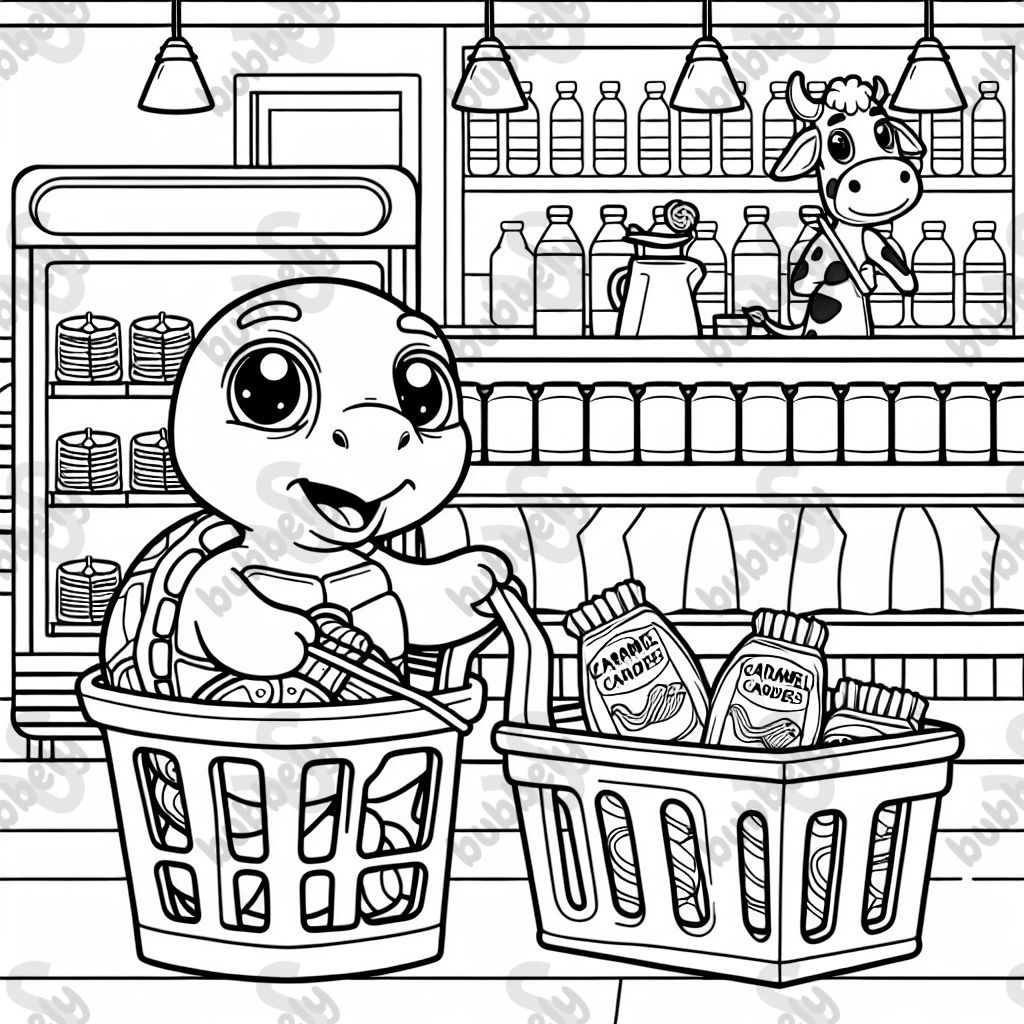 einen einkaufsladen mit in dem eine schildkröte einkauft. Sie hat einen einkaufskorb. In dem EInkaufskorb sind bonbons mit karamellgeschmack drin. Im hintergrund ist eine kuh zu sehen die einkauft. einen einkaufsladen mit in dem eine schildkröte einkauft. Sie hat einen einkaufskorb. In dem EInkaufskorb sind bonbons mit karamellgeschmack drin. Im hintergrund ist eine kuh zu sehen die einkauft.