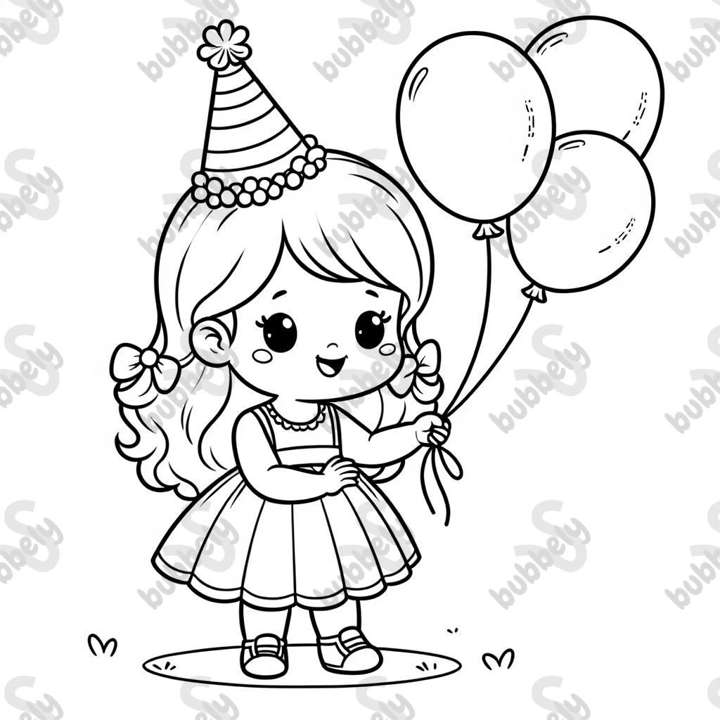 una niña pequeña con un sombrero de cumpleaños, sosteniendo globos una niña pequeña con un sombrero de cumpleaños, sosteniendo globos