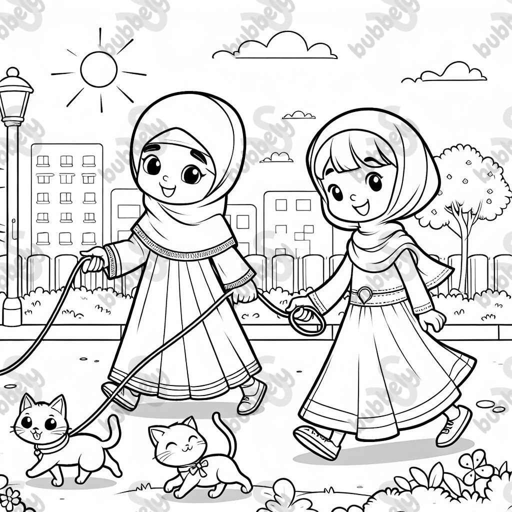 A daughter holds a cat on a leash. A mother holds another cat on a leash. A daughter holds a cat on a leash. A mother holds another cat on a leash.