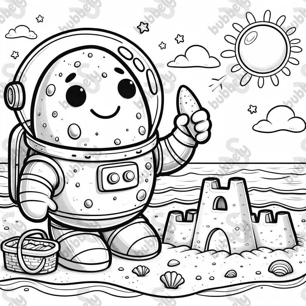 a potato in a spacesuit building a sandcastle at the beach a potato in a spacesuit building a sandcastle at the beach