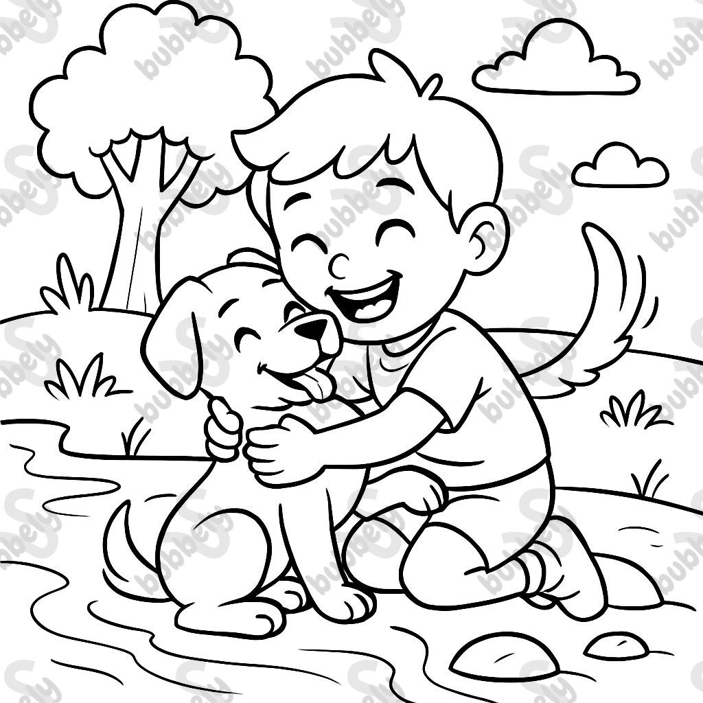 Child hugging a dog being rescued from the river Child hugging a dog being rescued from the river