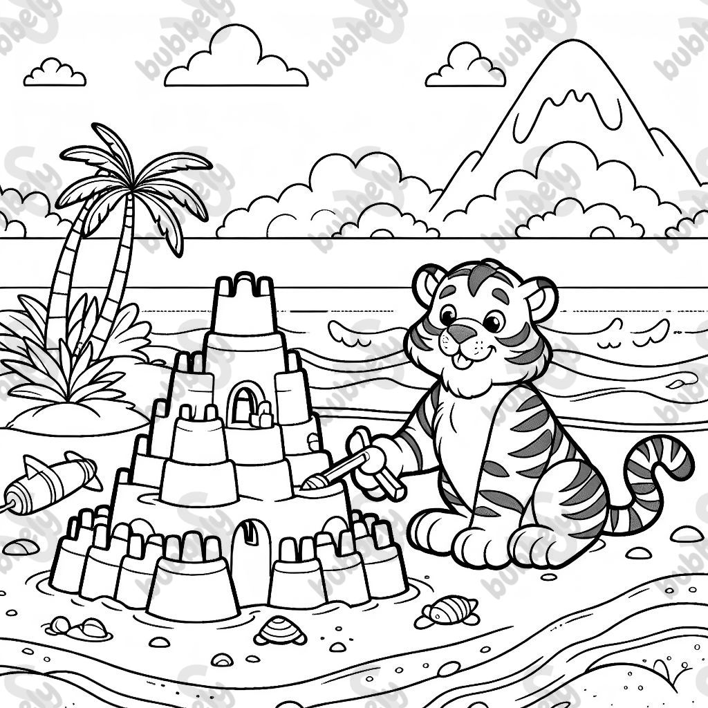 un tigre en la playa construyendo un castillo de arena un tigre en la playa construyendo un castillo de arena