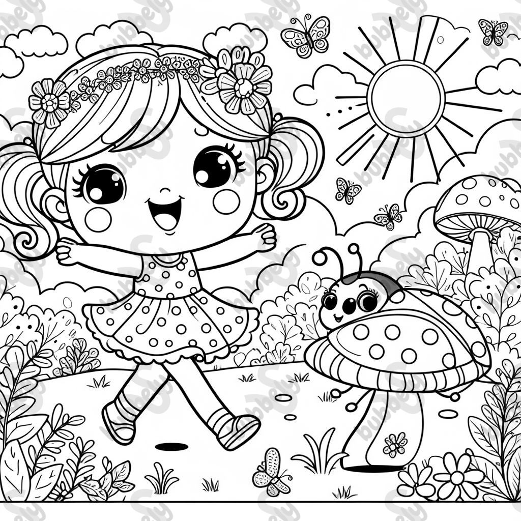 Fille blonde de cinq ans dansant avec une coccinelle Fille blonde de cinq ans dansant avec une coccinelle