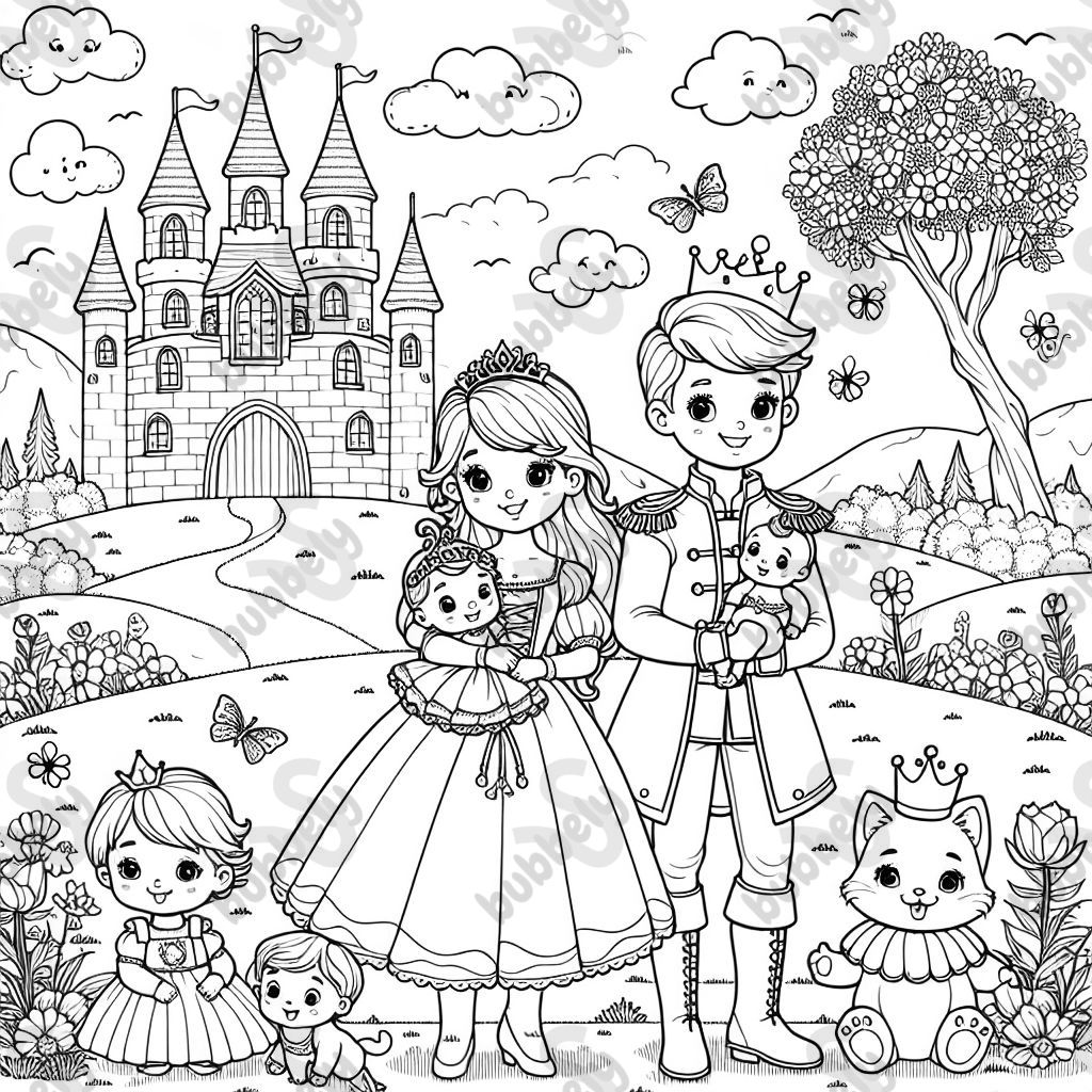 A prince and a princess in front of a castle on a meadow. They have two children who are babies and a cat. A prince and a princess in front of a castle on a meadow. They have two children who are babies and a cat.