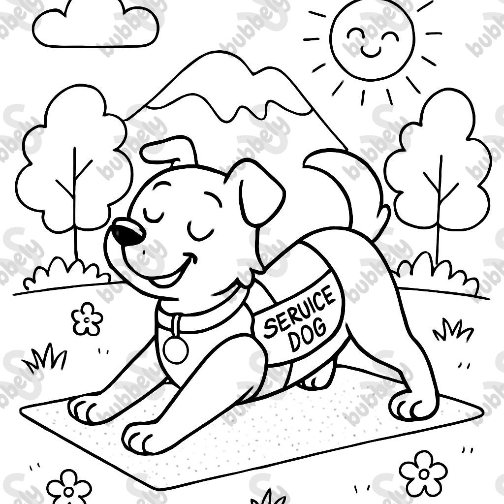 A service dog with a vest doing yoga. A service dog with a vest doing yoga.