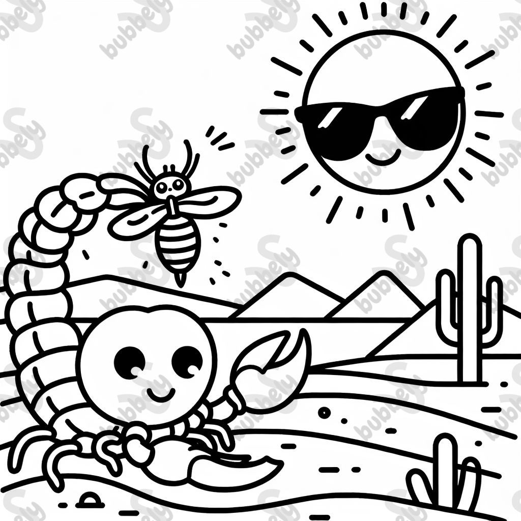 Ein Skorpion, der eine Fliege mit seinen Scheren gefangen hat und in einer Wüste steht. In der Wüste ist eine Oase. Die Sonn ist so cool, dass sie eine Sonnenbrille hat. Ein Skorpion, der eine Fliege mit seinen Scheren gefangen hat und in einer Wüste steht. In der Wüste ist eine Oase. Die Sonn ist so cool, dass sie eine Sonnenbrille hat.