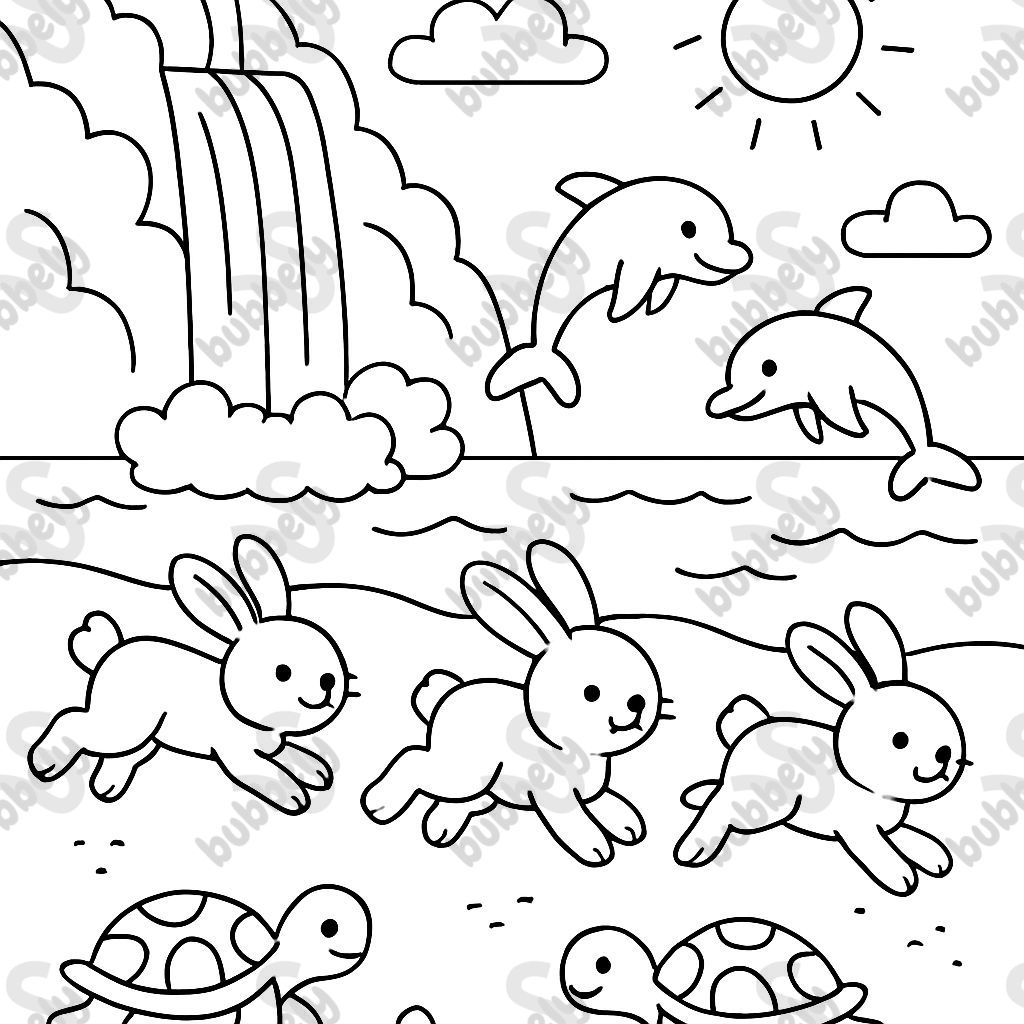 una cascada que fluye hacia el océano con conejitos corriendo por la playa y delfines en el océano y tortugas en el fondo del océano una cascada que fluye hacia el océano con conejitos corriendo por la playa y delfines en el océano y tortugas en el fondo del océano