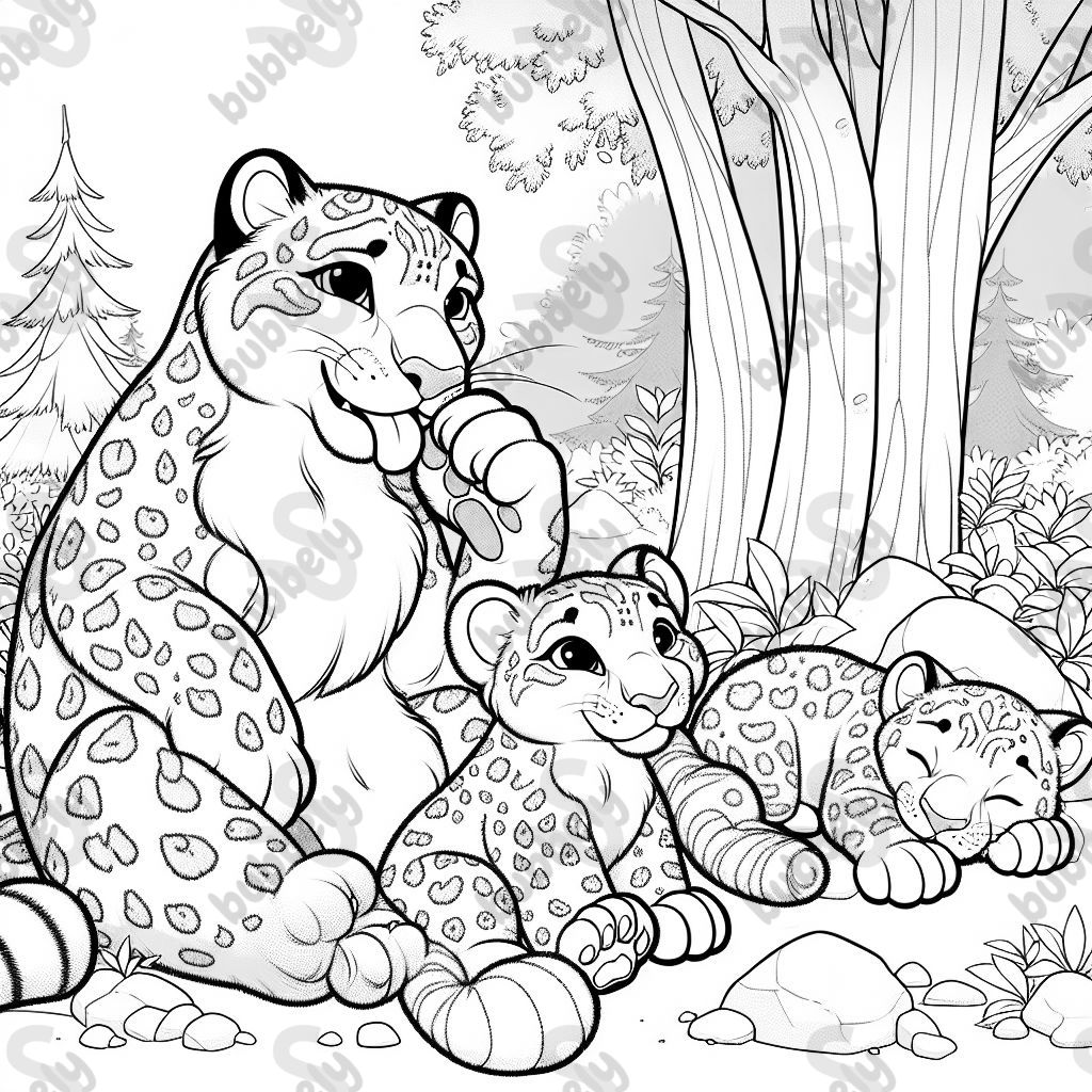 Snow leopards family in the forest. Dad licks paw. Baby is sleeping. Big sister sits nicely on the ground. Mom lies on a tree.