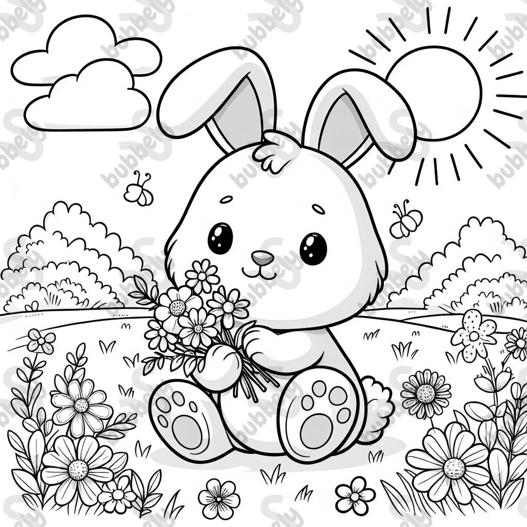 conejo en un campo de flores sosteniendo flores conejo en un campo de flores sosteniendo flores