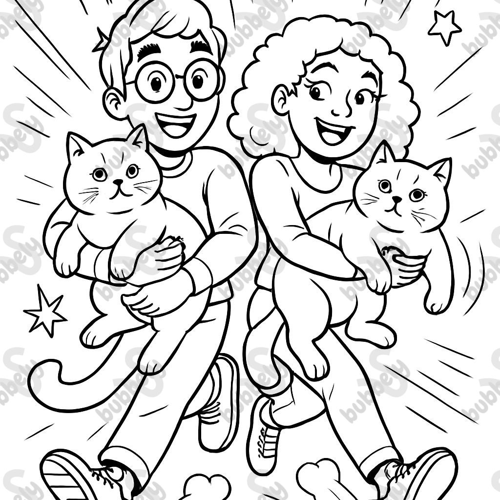 Two british shorthair cats cuddling a cute man with round glasses and a cute woman with dimples and curly hair. Two british shorthair cats cuddling a cute man with round glasses and a cute woman with dimples and curly hair.