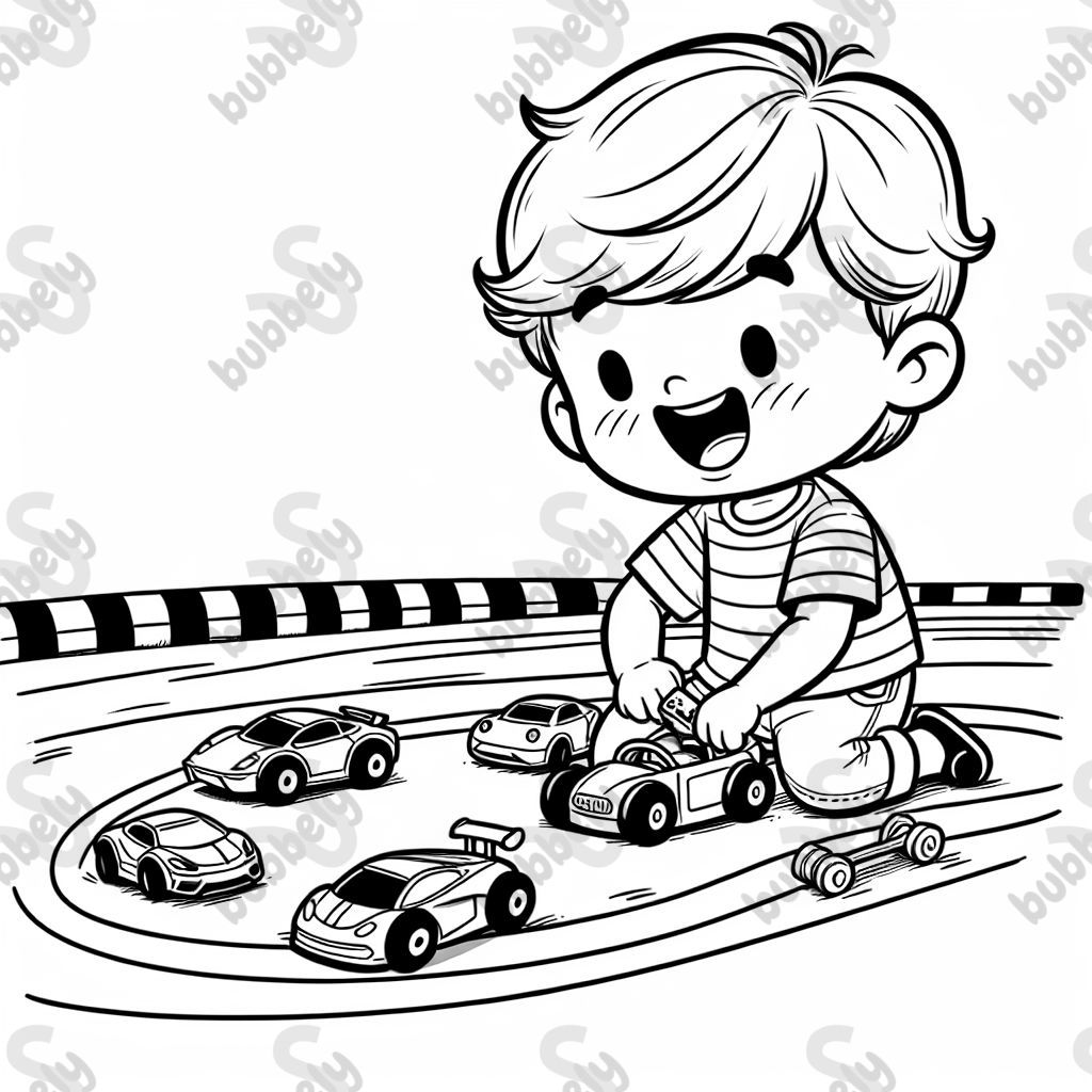 Un niño pequeño jugando con coches de juguete en una pista de carreras. Un niño pequeño jugando con coches de juguete en una pista de carreras.