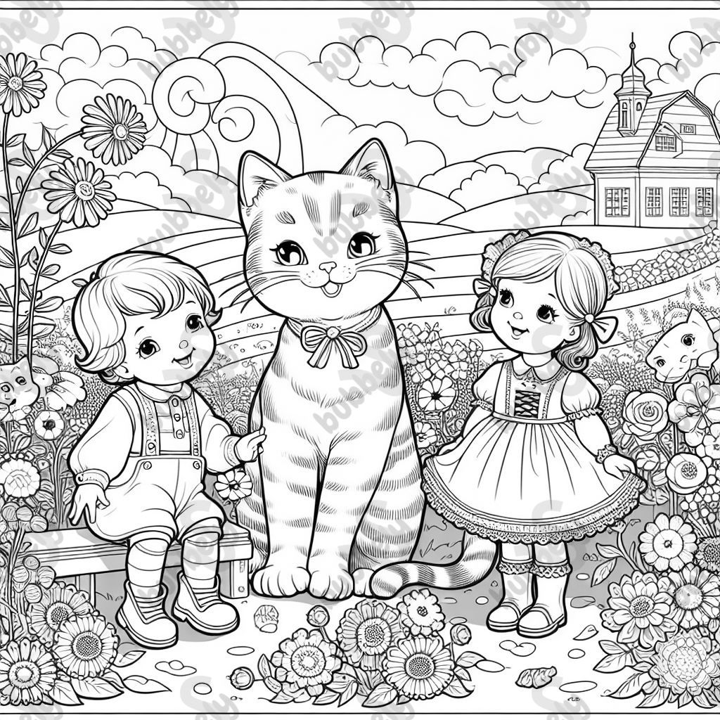 Dibujo para colorear de tres gatos en un campo de flores con una niña grande, una pequeña y un niño pequeño Dibujo para colorear de tres gatos en un campo de flores con una niña grande, una pequeña y un niño pequeño