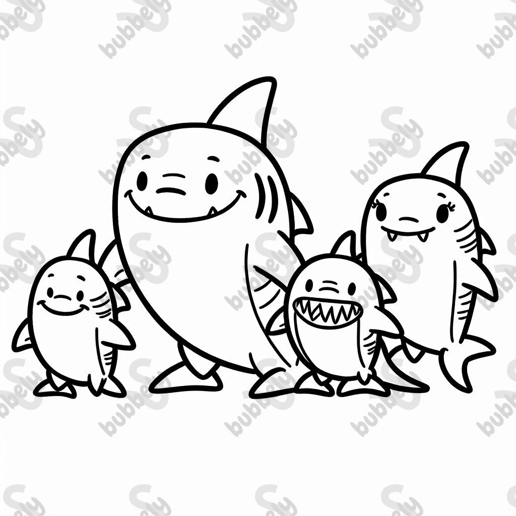 una familia de tiburones con padre, madre, hermano, hermana y bebé una familia de tiburones con padre, madre, hermano, hermana y bebé