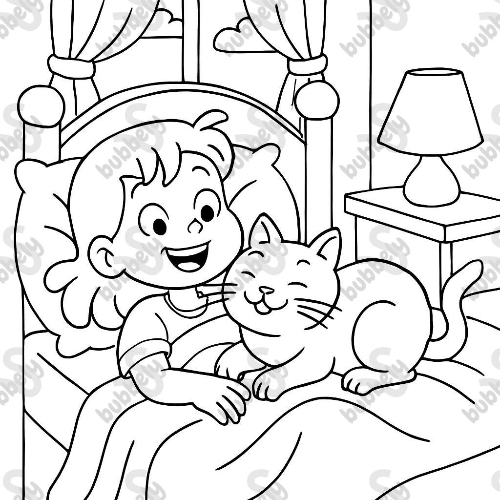 gata acostada sobre una niña en la cama gata acostada sobre una niña en la cama