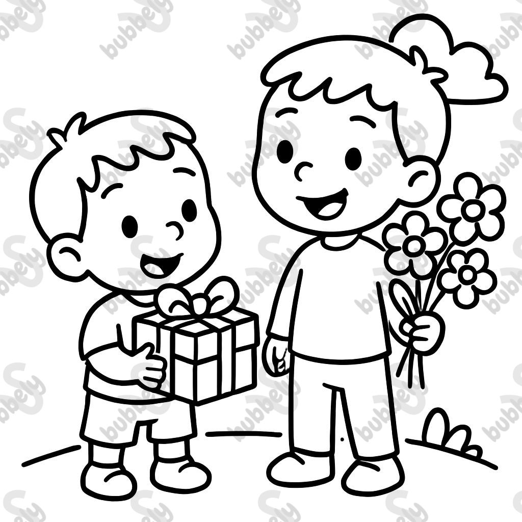 zwei Jungs (2 und 3) mit Geschenk und Blumen in der Hand zwei Jungs (2 und 3) mit Geschenk und Blumen in der Hand