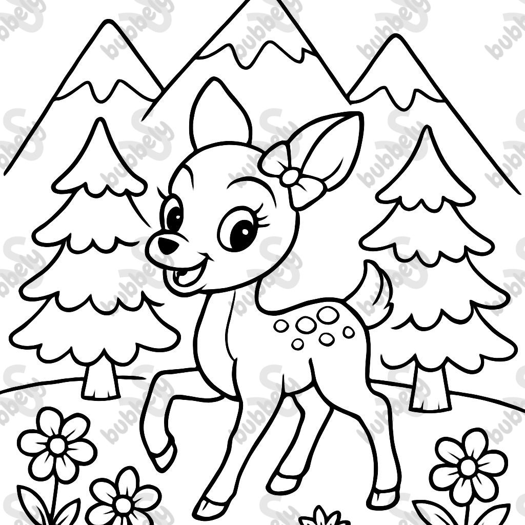 montañas y árboles con un ciervo hembra y flores montañas y árboles con un ciervo hembra y flores