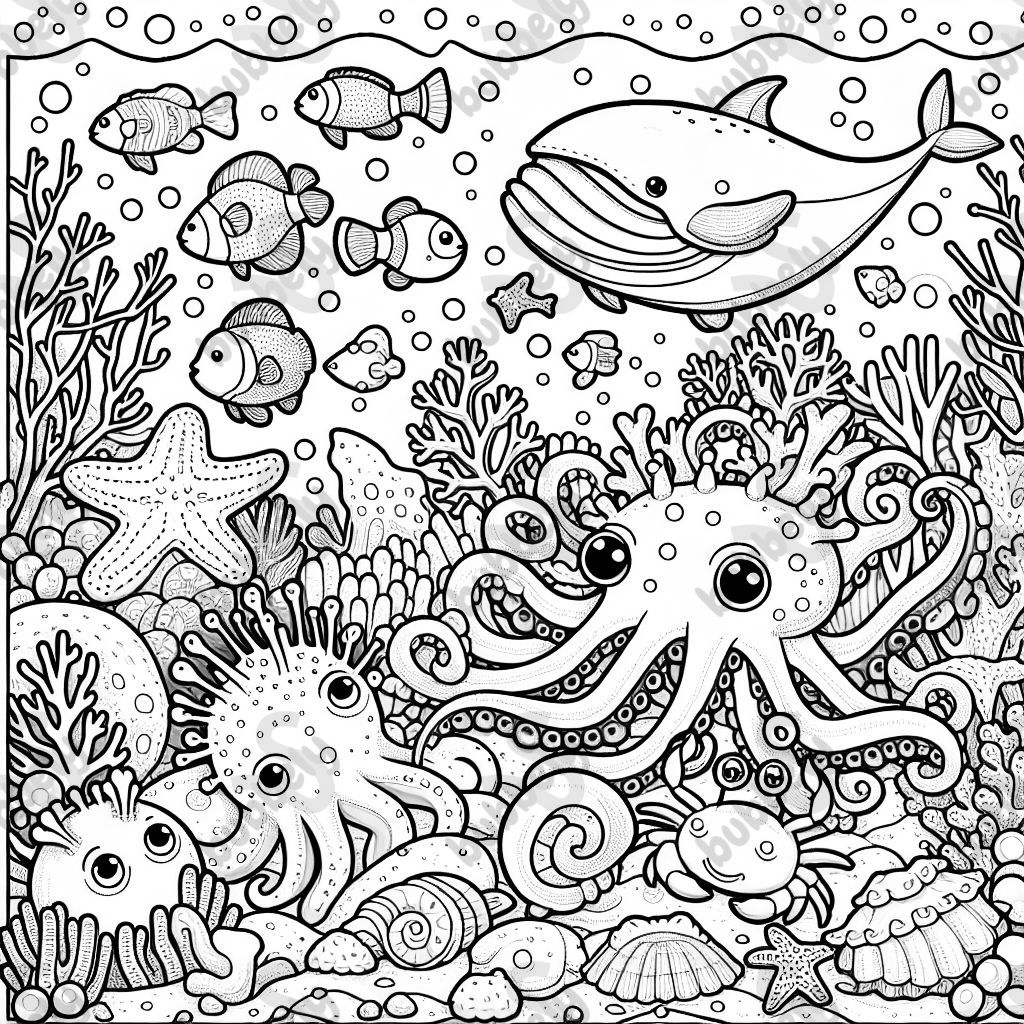 Underwater scene with a pufferfish, clownfish, octopus, crabs, whales, starfish, sharks and coral Underwater scene with a pufferfish, clownfish, octopus, crabs, whales, starfish, sharks and coral