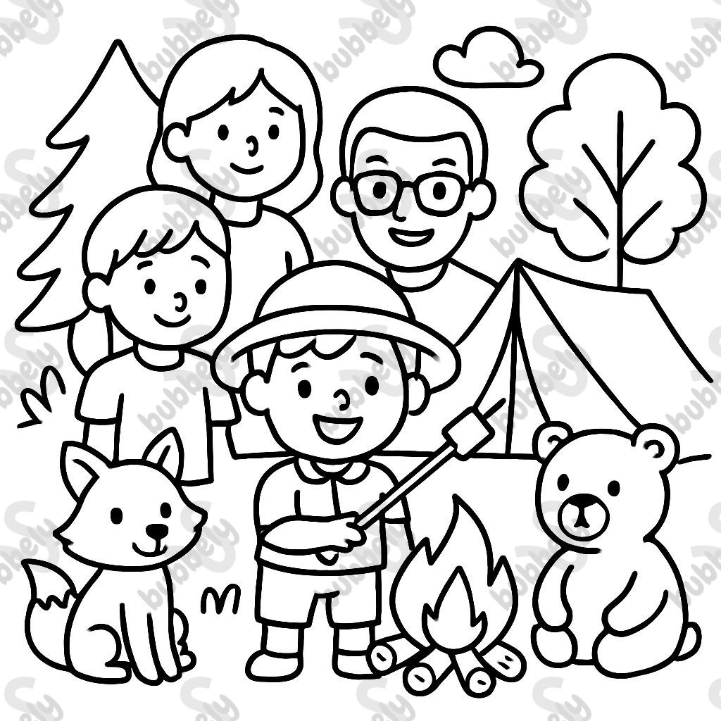One happy camper with his family and woodland friends camping One happy camper with his family and woodland friends camping