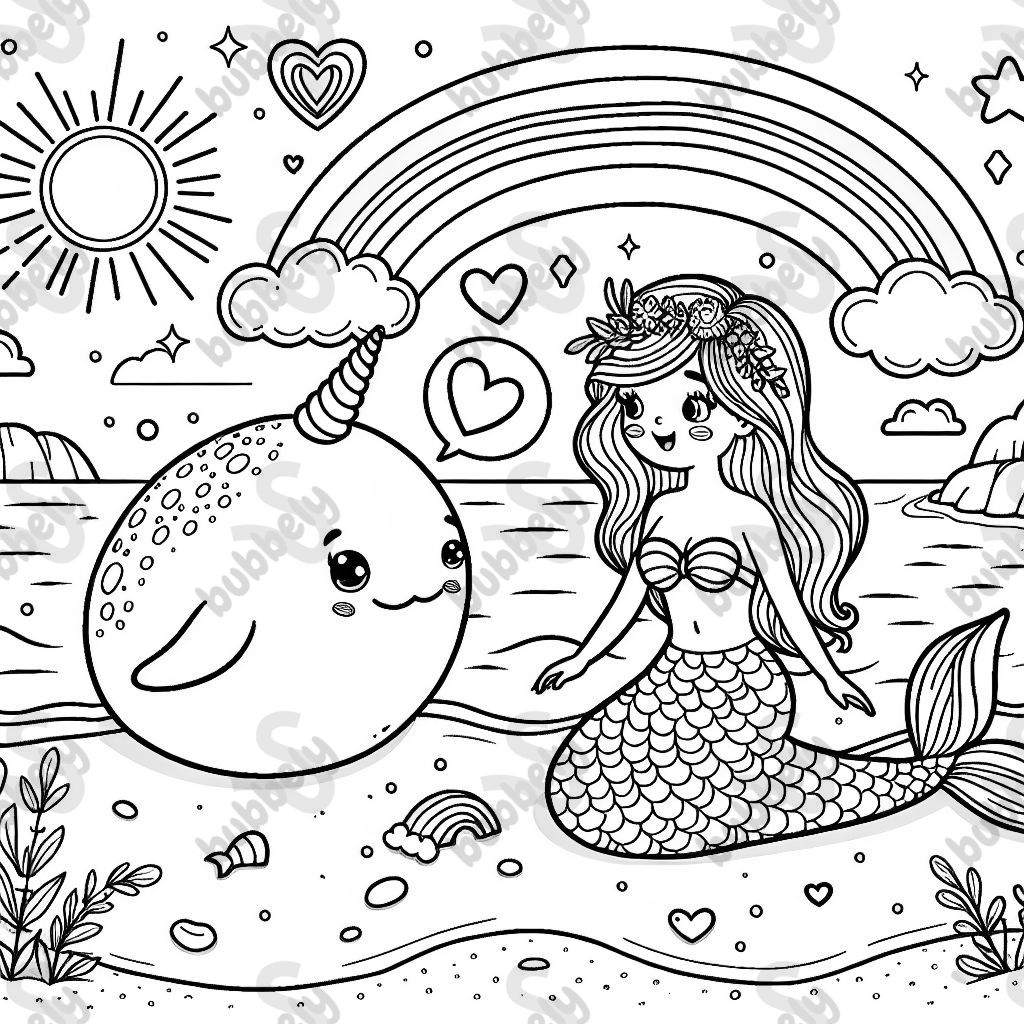 Una sirena con un narval en la playa con arcoíris, corazones y estrellas Una sirena con un narval en la playa con arcoíris, corazones y estrellas
