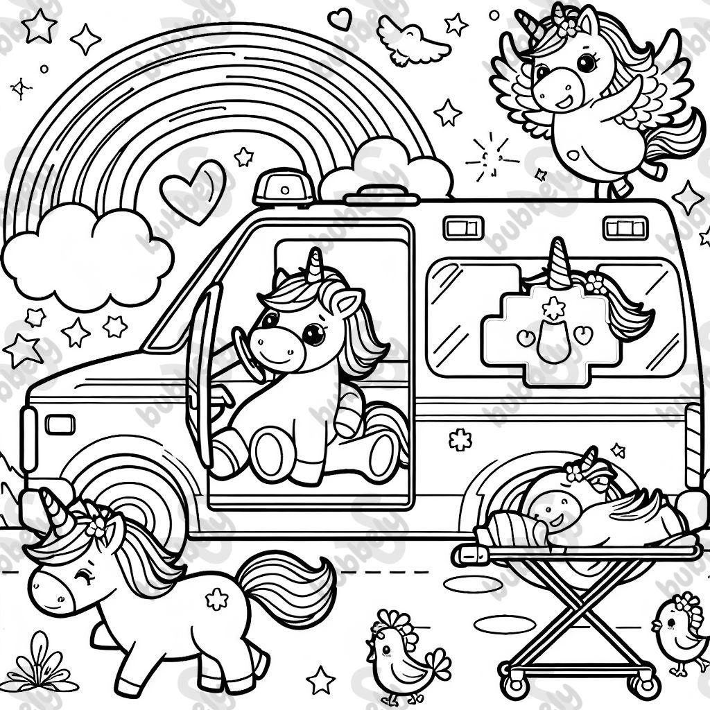 Licorne conduisant une ambulance avec une licorne sur une civière et un oiseau de compagnie et un arc-en-ciel. Licorne conduisant une ambulance avec une licorne sur une civière et un oiseau de compagnie et un arc-en-ciel.