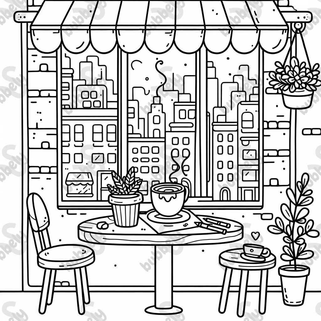 Une jolie fenêtre de café avec une tasse de café fumante sur la table, une petite plante en pot et une vue sur un paysage urbain en arrière-plan. Une jolie fenêtre de café avec une tasse de café fumante sur la table, une petite plante en pot et une vue sur un paysage urbain en arrière-plan.