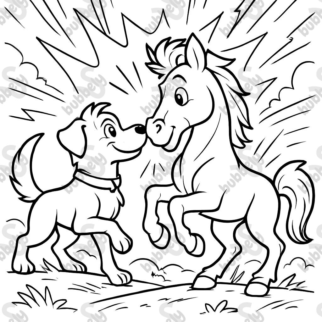 A dog and a horse who nudge each other on the nose. A dog and a horse who nudge each other on the nose.