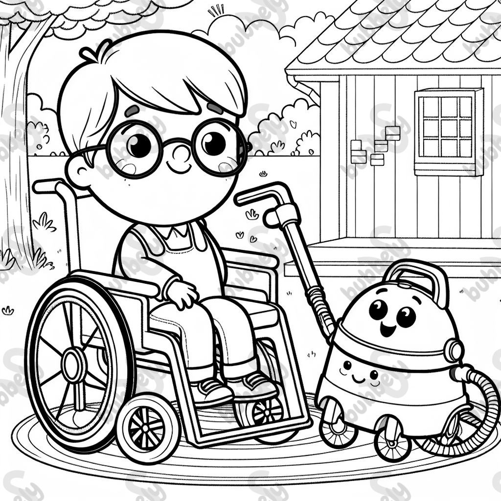 Un petit garçon en fauteuil roulant et portant des lunettes avec son meilleur ami, le petit aspirateur Saugi. Un petit garçon en fauteuil roulant et portant des lunettes avec son meilleur ami, le petit aspirateur Saugi.