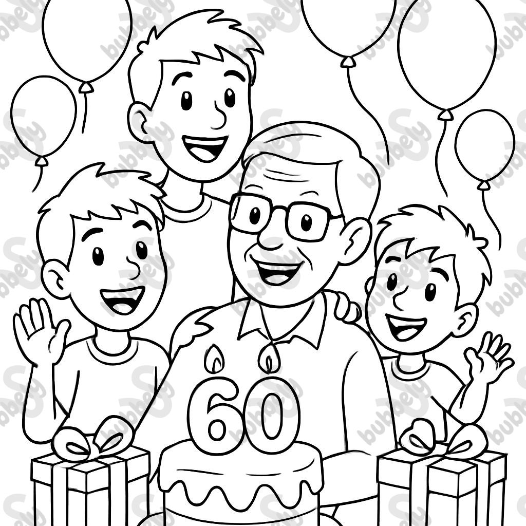 60th birthday of a young-looking grandfather (with glasses) with his 3 grandsons (13, 10, and 6 years old). The picture also features many balloons, gifts, and a cake. 60th birthday of a young-looking grandfather (with glasses) with his 3 grandsons (13, 10, and 6 years old). The picture also features many balloons, gifts, and a cake.