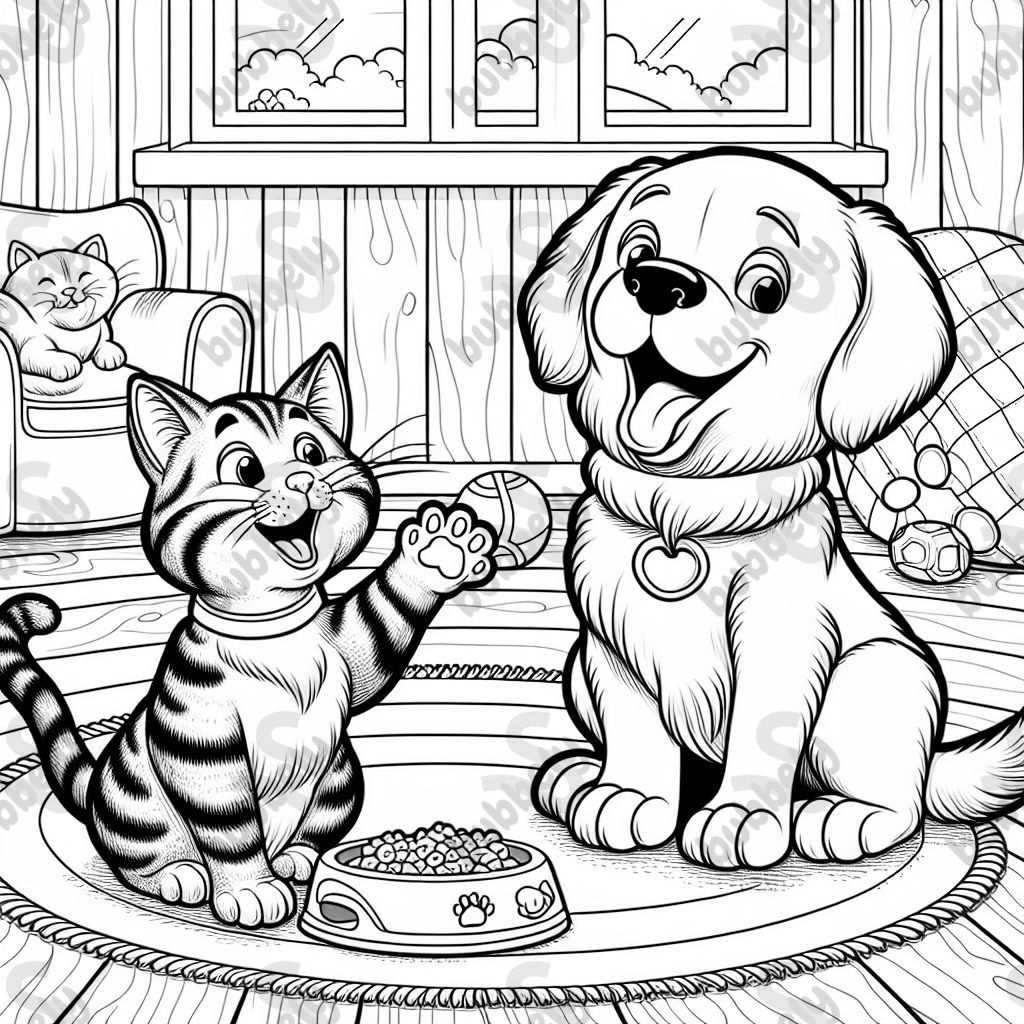 Eine gestreifte Katze und ein Chesapeake Bay Retriever sind drinnen zusammen. Dies ist eine unterhaltsame und freundliche Szene für ein Ausmalbild. Eine gestreifte Katze und ein Chesapeake Bay Retriever sind drinnen zusammen. Dies ist eine unterhaltsame und freundliche Szene für ein Ausmalbild.