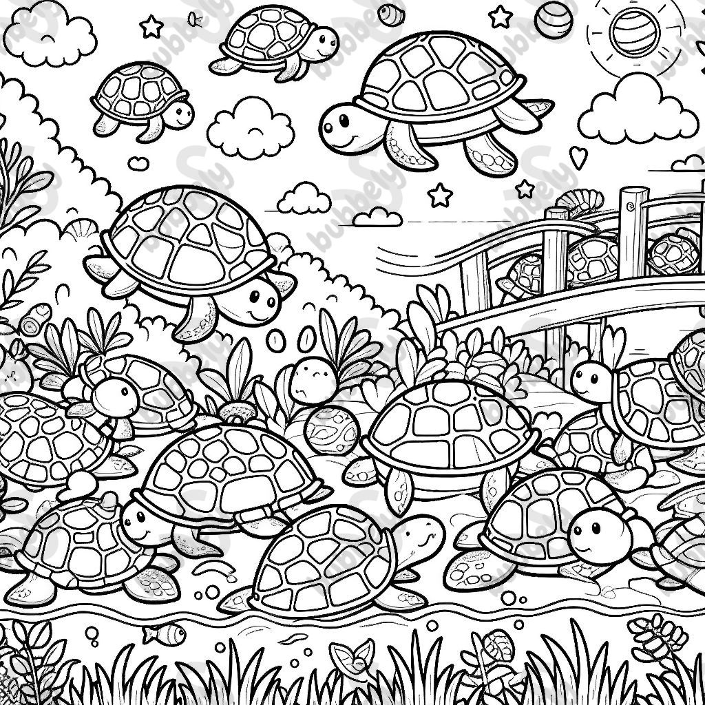 A fun turtle-themed doodle page inviting children to color. Discover various turtles in a colorful underwater world or on the beach. A fun turtle-themed doodle page inviting children to color. Discover various turtles in a colorful underwater world or on the beach.