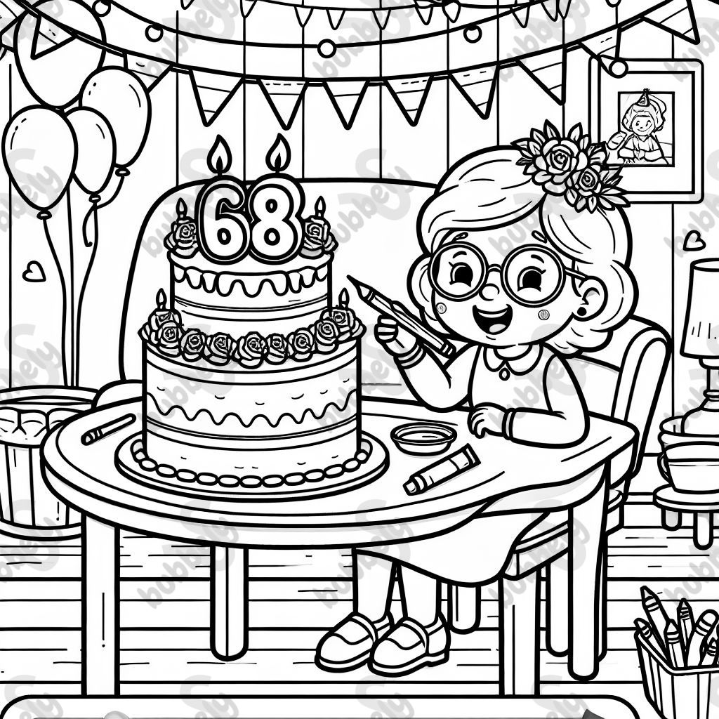 Eine Oma die ihren 68 Geburtstag feiert. Dabei sitzt sie an einem Tisch mit einer großen Torte, auf deren Spitze eine große 68 steht. Eine Oma die ihren 68 Geburtstag feiert. Dabei sitzt sie an einem Tisch mit einer großen Torte, auf deren Spitze eine große 68 steht.