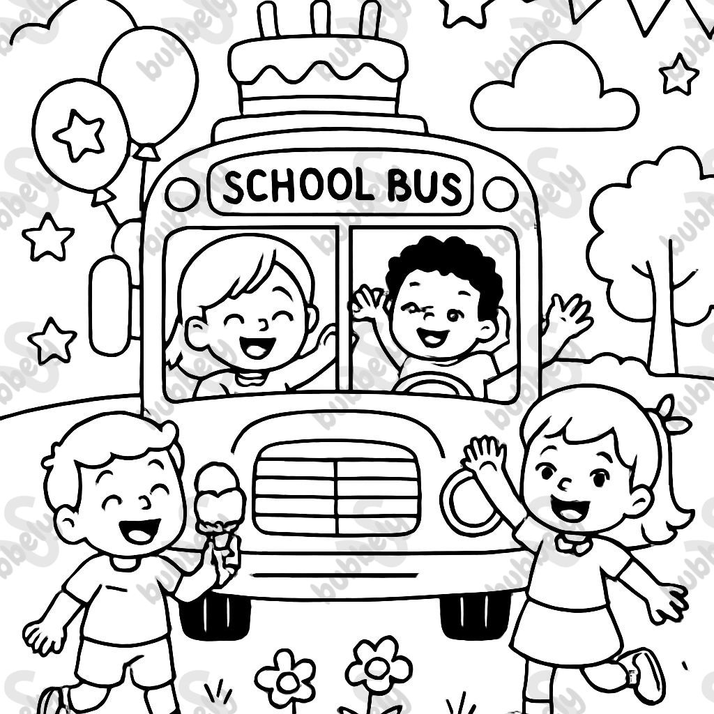 Happy birthday schoolbus with kids and ice cream Happy birthday schoolbus with kids and ice cream