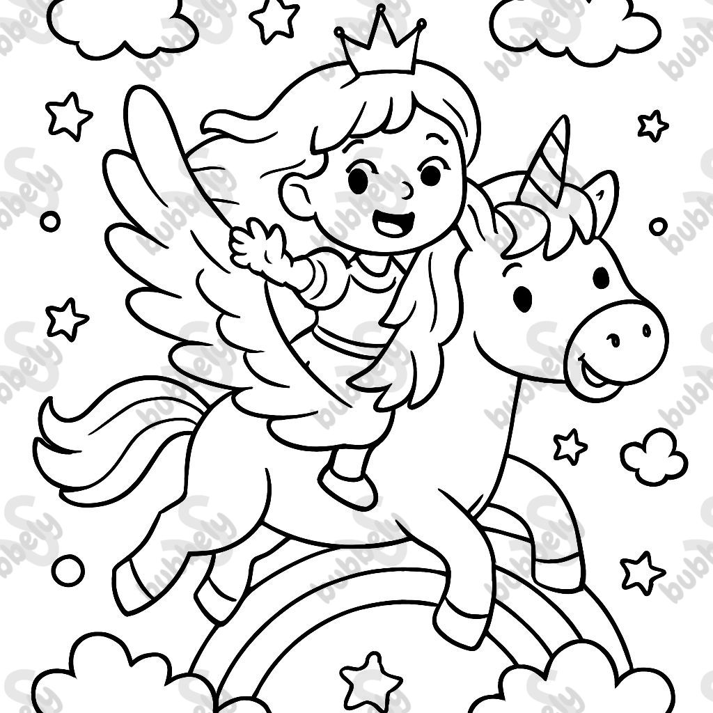 Unicornio volador con una princesa en su espalda y necesita algunos detalles. Unicornio volador con una princesa en su espalda y necesita algunos detalles.