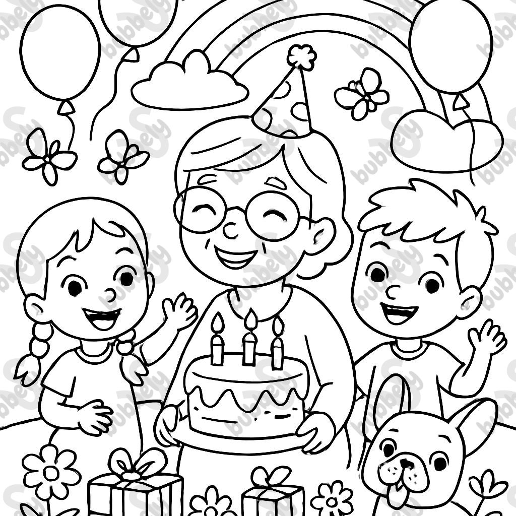 jeune grand-mère célèbre son anniversaire dans la nature avec sa petite-fille qui a deux tresses et son petit-fils et un bulldog français sous un arc-en-ciel dans la nature avec beaucoup de ballons, de papillons, de fleurs et avec un gâteau et des cadeaux jeune grand-mère célèbre son anniversaire dans la nature avec sa petite-fille qui a deux tresses et son petit-fils et un bulldog français sous un arc-en-ciel dans la nature avec beaucoup de ballons, de papillons, de fleurs et avec un gâteau et des cadeaux