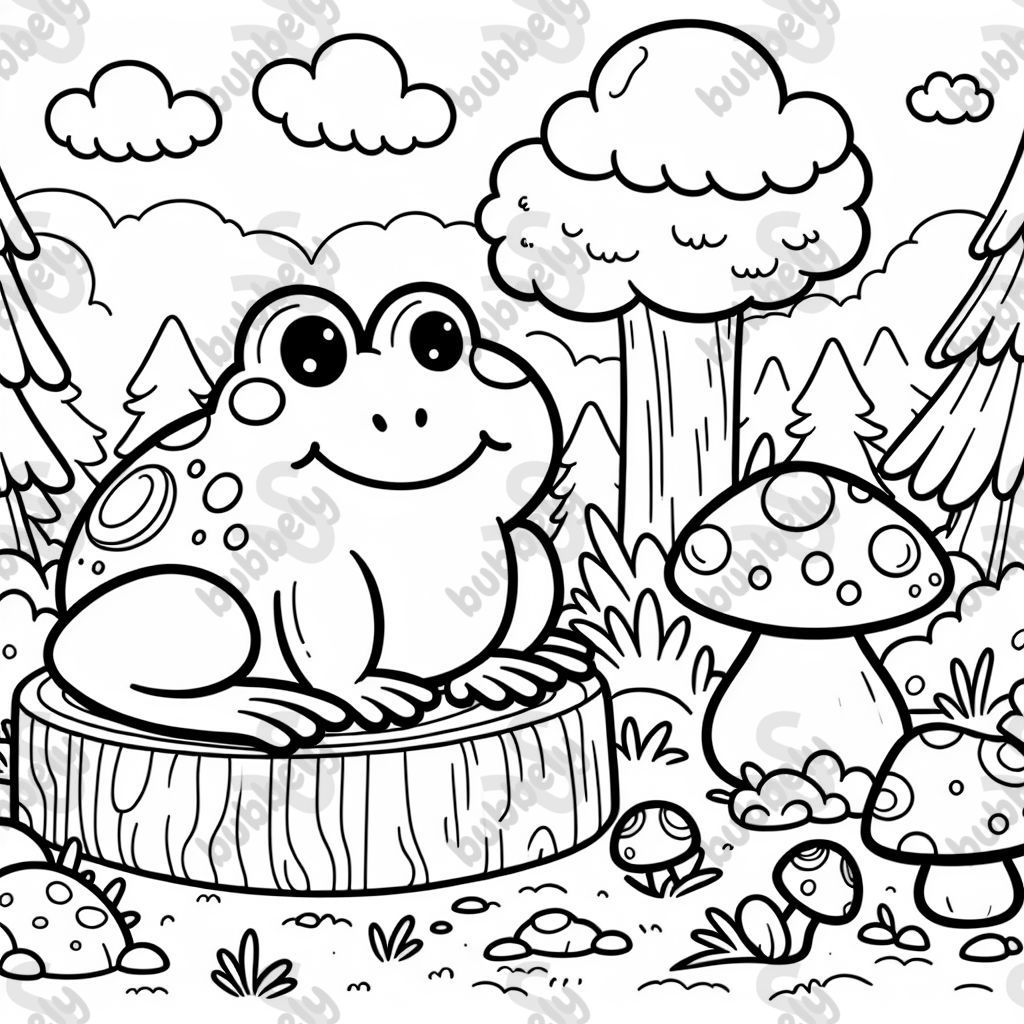 Una rana sentada en una clara con champiñones en el suelo y nubes en el cielo Una rana sentada en una clara con champiñones en el suelo y nubes en el cielo