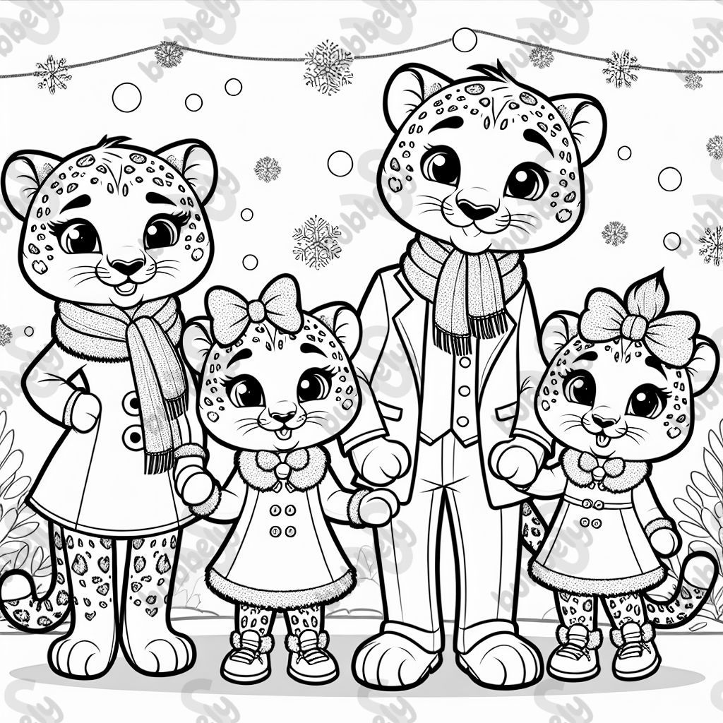 Familia de leopardos de las nieves mamá, papá y 2 hijas con un lazo en la cabeza Familia de leopardos de las nieves mamá, papá y 2 hijas con un lazo en la cabeza