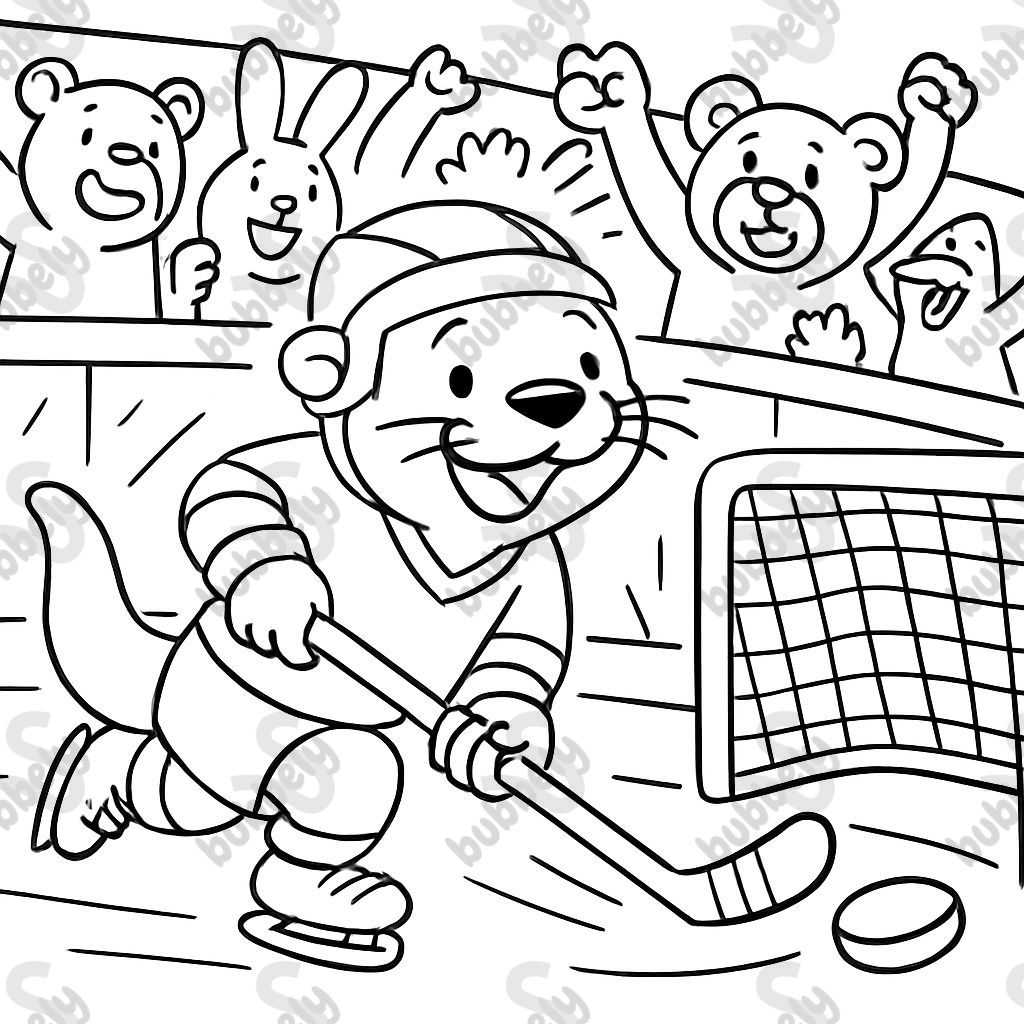 Otter playing ice hockey with fans in the background and he scores a goal Otter playing ice hockey with fans in the background and he scores a goal